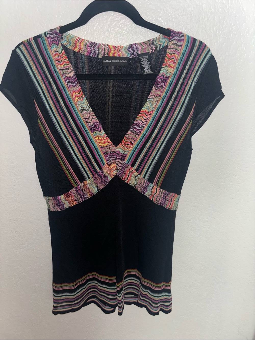Vintage Dana Buchman Black V-Neck Knit Top with Multicolor Stripe Trim